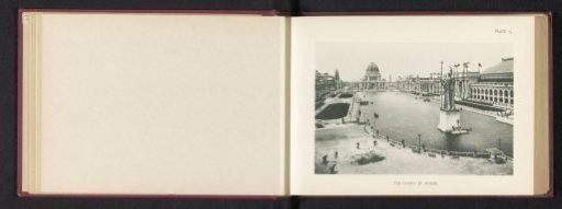 View of the central plaza of the World's Columbian Exposition in Chicago in 1893 with a large pond in the center containing the statue by Daniel Chester French, representing an allegory of the Republic