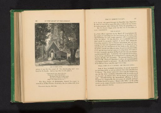 Reproduction of a drawing after a photograph of a chapel in the forest in Yosemite Valley, California