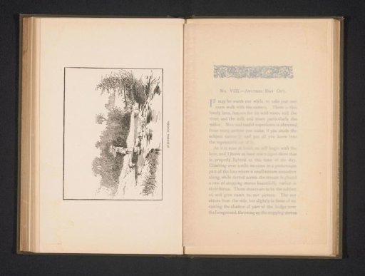 Photographic reproduction of a view of an unknown boy crossing water via stones