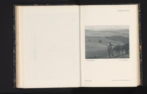 View of an Unknown Man with Two Cows in Front of a Farm Implement with a Hilly Landscape in the Background