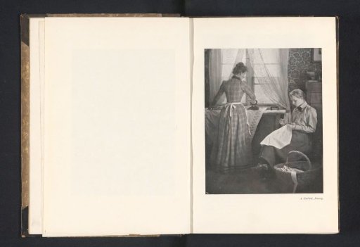 Woman ironing and a woman doing needlework