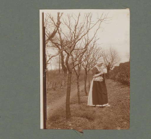 Woman in traditional dress with knitting, standing among bare trees