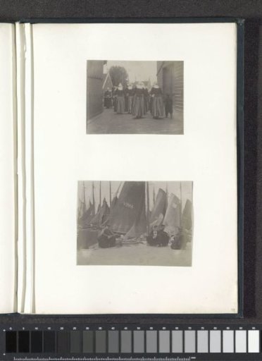 Men in Volendam costumes sitting on a quay