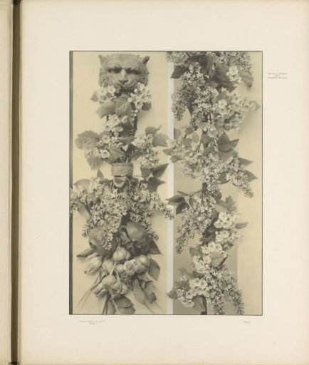 Two festoons of lilacs, garlic, and pomegranates
