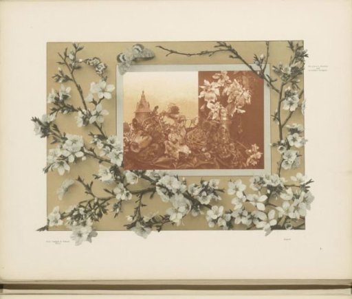 Still life with fruit and flowers in a frame, with almond blossoms and butterflies in the foreground