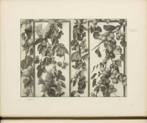 Panels with apricots, cherries, and birds