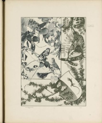 Panels with pine branches, birds, and a coat of arms
