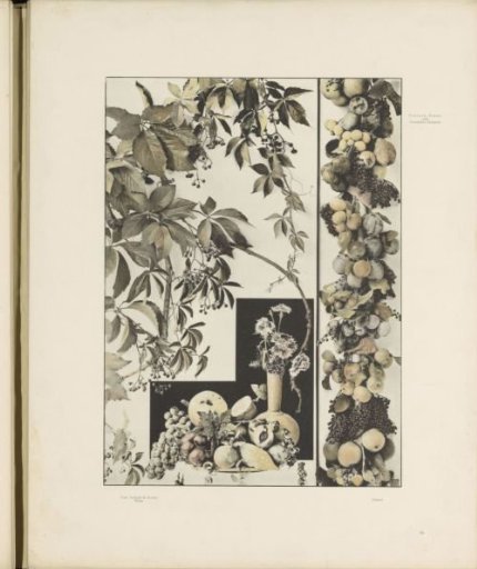 Festoon of fruit and a still life of fruit and a vase with carnations