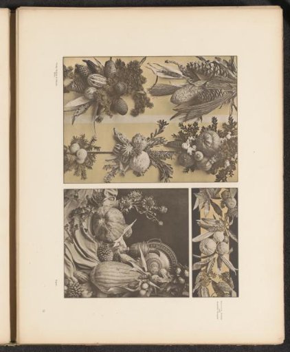 Three panels with festoons of pine branches, pumpkins and quince and a still life of artichokes, ivy and a jug