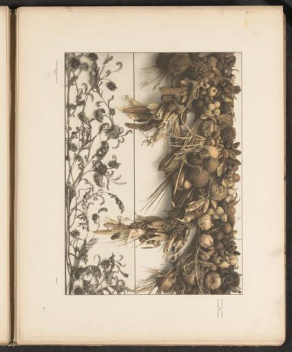 Frieze of dried leaves and a festoon with melons, maize cobs, and coconuts