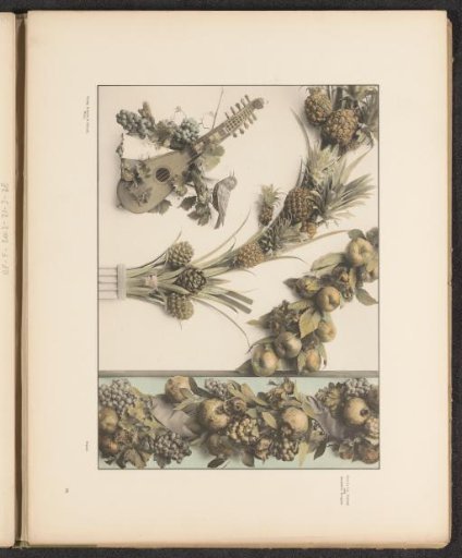 Decorative group with a mandolin, grapes and pineapples and a festoon with pomegranates and grapes