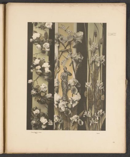 Ornamental frames with roses, lilies, dragonflies, and a sculpture