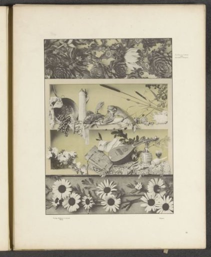 Still life with a mandolin, fish and a book and floral borders