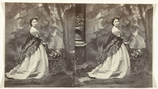 Two portraits of an unknown woman before a background curtain