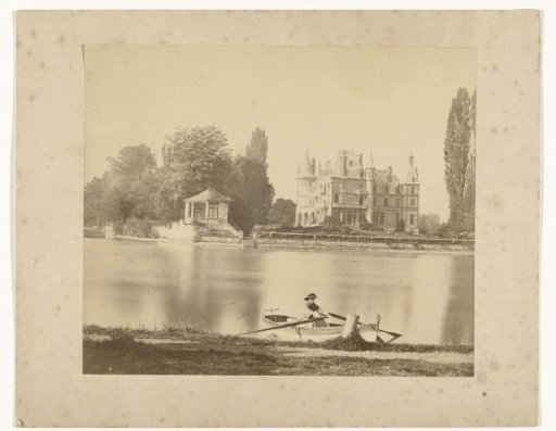 View of Schloss Schadau on Lake Thun, with a woman in a rowing boat in the foreground