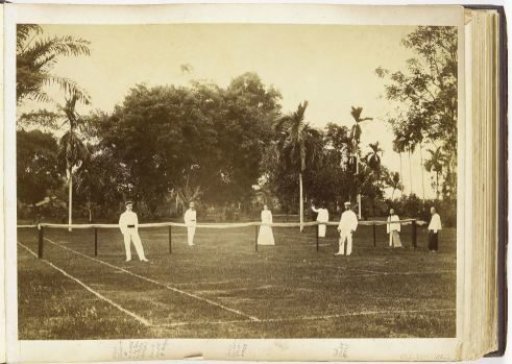 Paul, Lucie and David Sandel and Albert Glaser at a tennis match, Tandjong Poera, Langkat, Sumatra