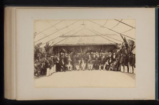 Group portrait taken during a celebration of the Sultan in Tandjong Poera, Sumatra