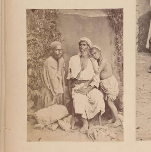 Portrait of an old man and a young man with a child, Egypt