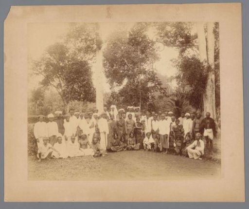 Group portrait of Indian contract workers on a tobacco plantation, Dutch East Indies