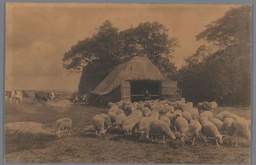 Landscape with sheep, cows, farmer and sheepfold, Netherlands