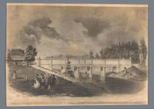 Photographic reproduction of a 19th-century print: View of the Queen's Bridge over the Canal