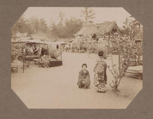 Two young women before a cherry blossom, Japan