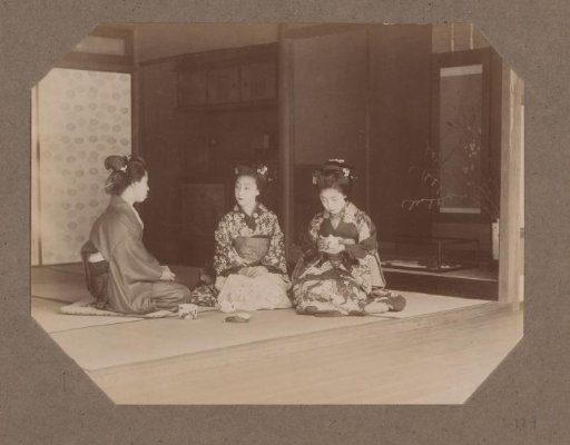 Interior with three kneeling women, Japan