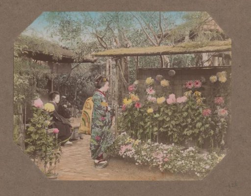 Two women in a flower garden, Japan
