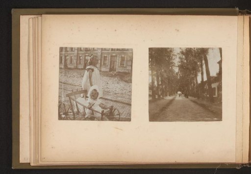 Two photographs of children on the street and an avenue with trees