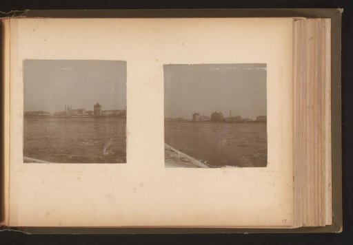 Two photographs of houses and factories along a river