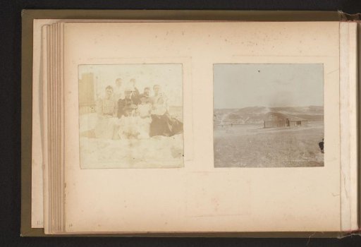 Two photographs, a group portrait on the beach and goods wagons in the dunes