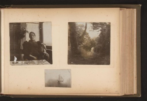 Three photographs, portrait of a woman, a forest view and a sailing ship at sea