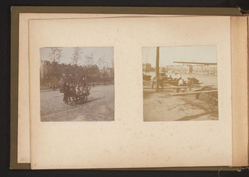 Two photographs of people at work, with a cart and in the harbor