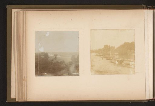 Two photographs of a wooded landscape and a carriage along a canal