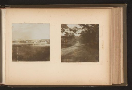 Two photographs of a landscape with houses and a forest road