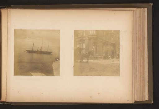 Two photographs of a steamship and a street corner