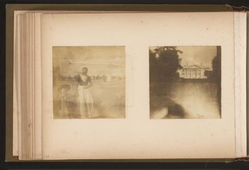 Two photographs of children on a beach and of a country house