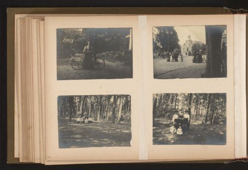 Four photographs of women and children in a forest and a village