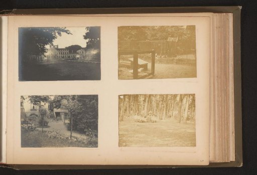 Four photographs of Soestdijk Palace, gardens, and a family in a forest
