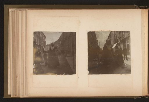 Two photographs of women in traditional dress on the street