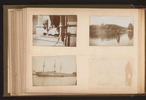 Three photographs of Amsterdam, children on a sidewalk, a canal, and a sailing ship