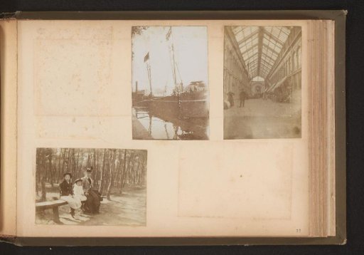 Three photographs of a woman with children, a ship, and a gallery