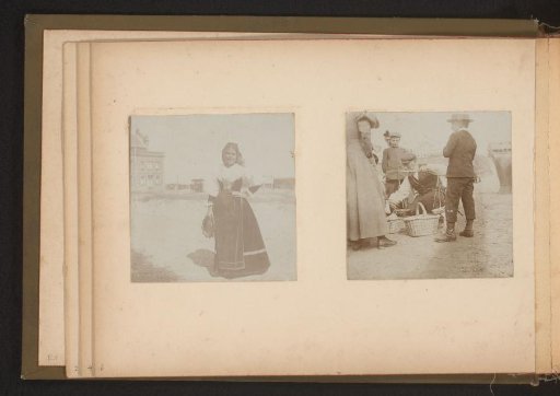 Two photographs of a woman with a tambourine and a street vendor with a scale, Zandvoort
