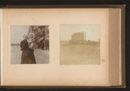 Two photographs of a woman with a child and a house in the dunes