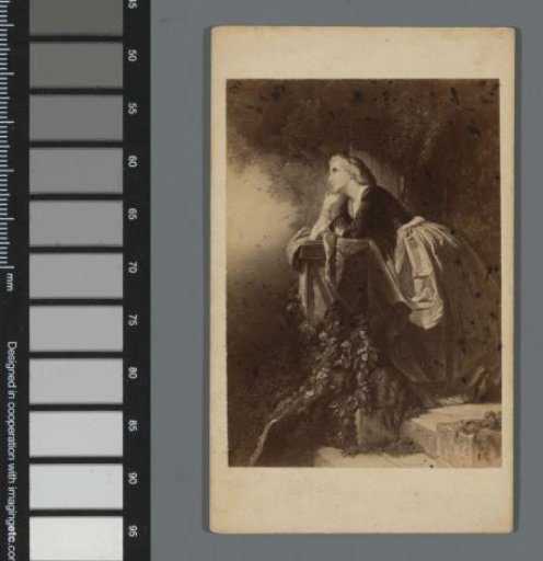Photographic reproduction of a painting of a portrait of an unknown woman leaning on a balustrade