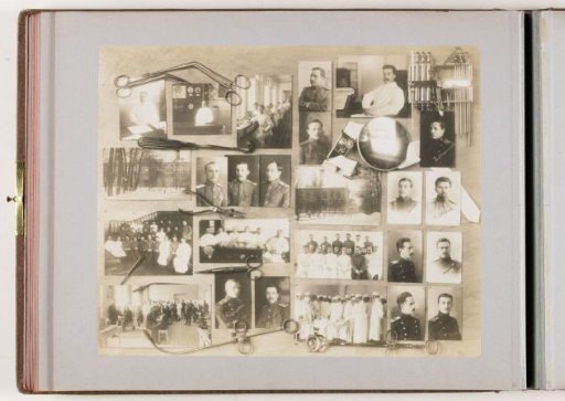 Composition of 25 photographs of persons of the Imperial Military-Medical Academy, combined with decoration of medical instruments