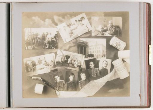 Composition of eleven photographs of persons and education at the Imperial Military-Medical Academy, combined with decoration of medical instruments and materials