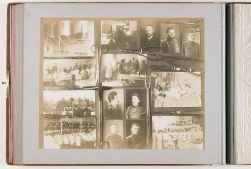 Composition of fifteen photographs of persons at the Imperial Military Medical Academy, combined with decoration of medical instruments
