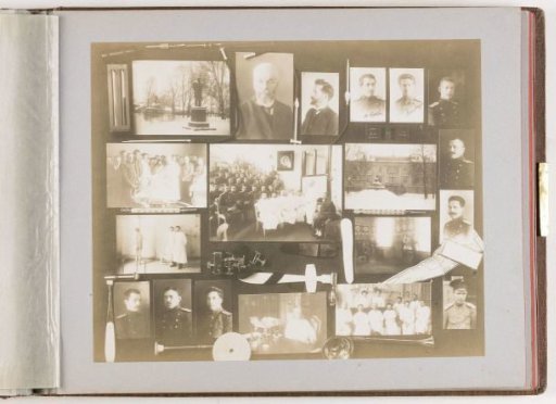 Composition of nineteen photographs of persons and education at the Imperial Military Medical Academy, combined with decoration of medical instruments