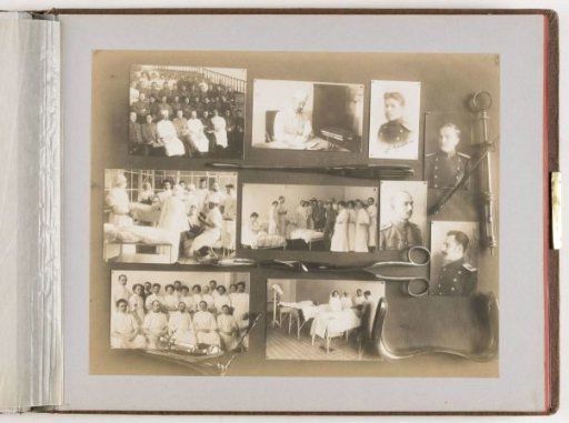 Composition of ten photographs of persons and education at the Imperial Military Medical Academy, combined with decoration of medical instruments